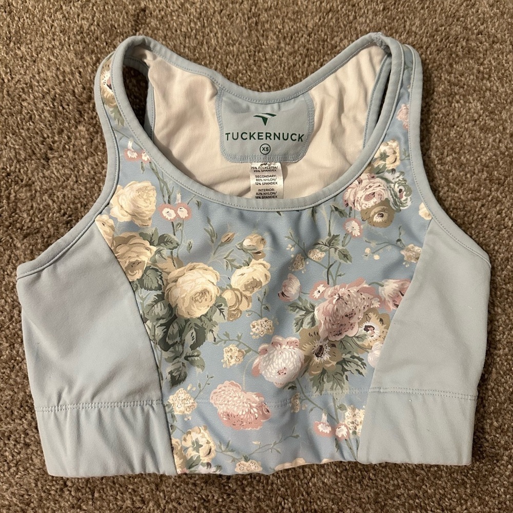 Tuckernuck Floral Sports Bra Blue Pink Garden Print Athletic Top